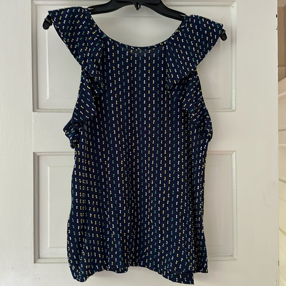 LOFT sleeveless blouse, Navy with white, yellow and mint detail. Ruffles, size M